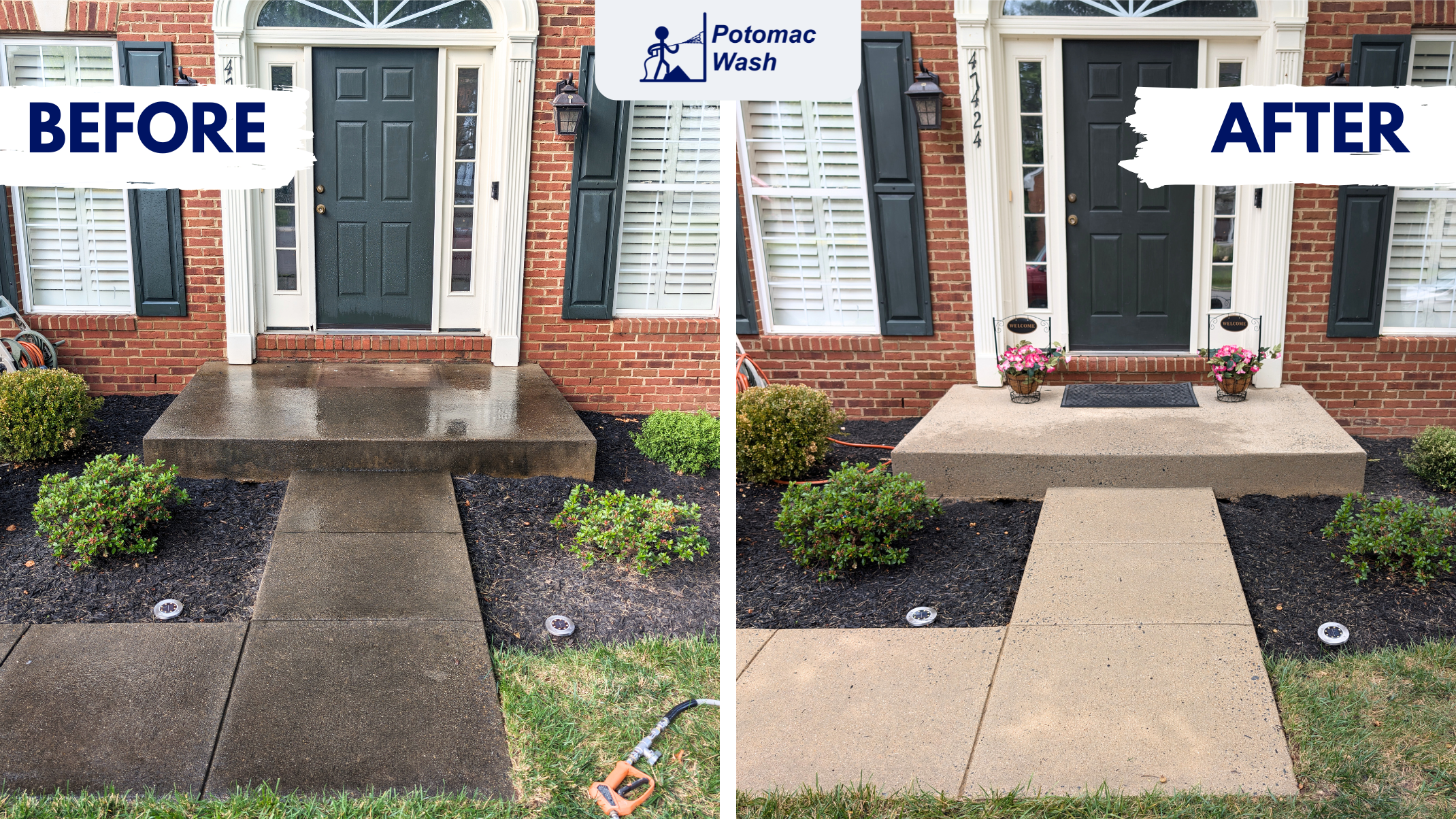 Pressure washing before and after image of a porch.