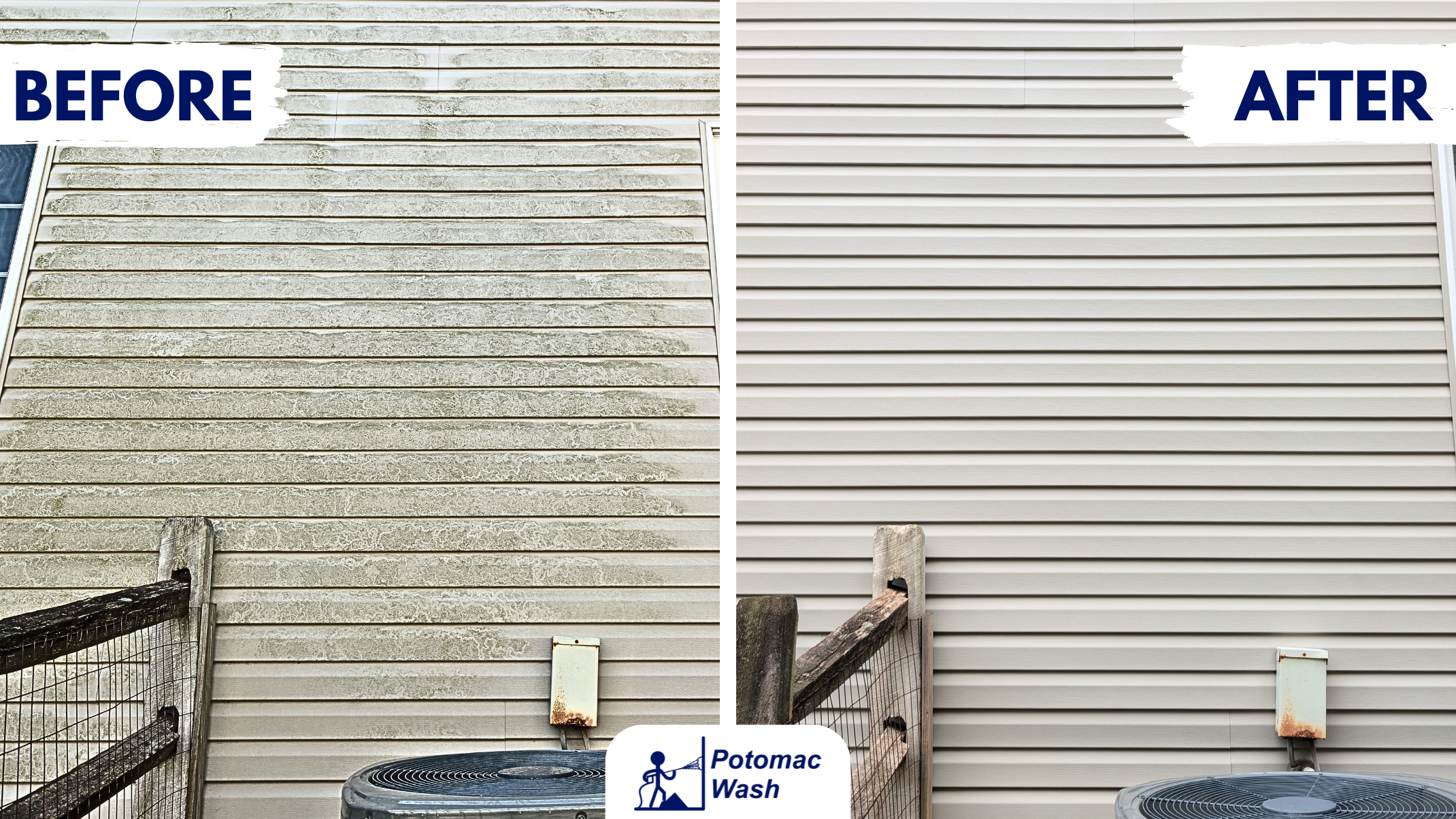 Pressure washing before and after image of vinyl siding.